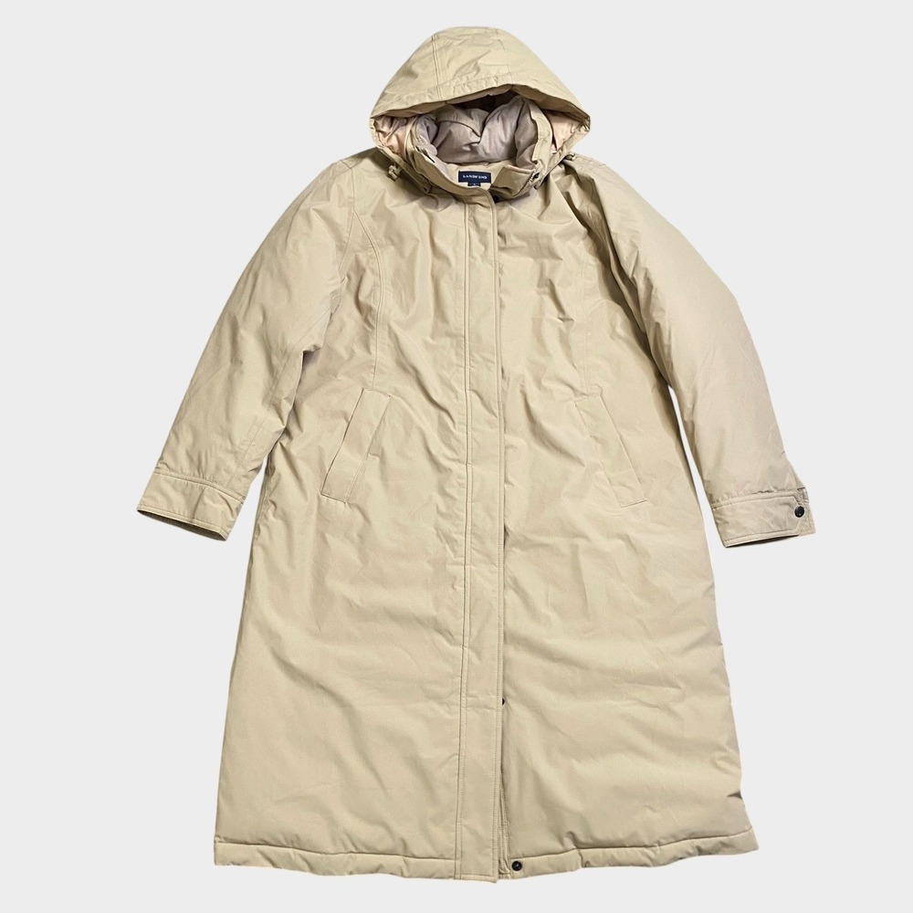 Lands' End Women's Long Hooded Puffer Coat Size L/12-14 Beige Down Winter Parka